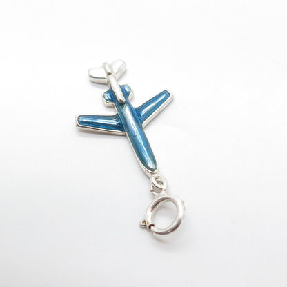 925 Sterling Silver Vintage Blue Enamel Airplane Pendant