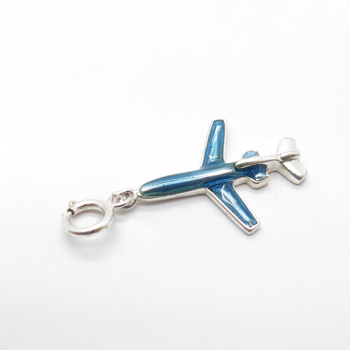 925 Sterling Silver Vintage Blue Enamel Airplane Pendant