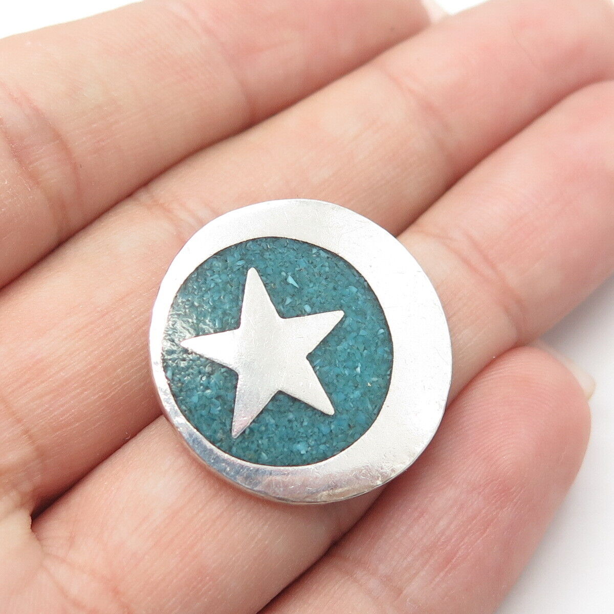 SAMARA 925 Sterling Silver Vintage Real Turquoise Gem Inlay Star Slide Pendant