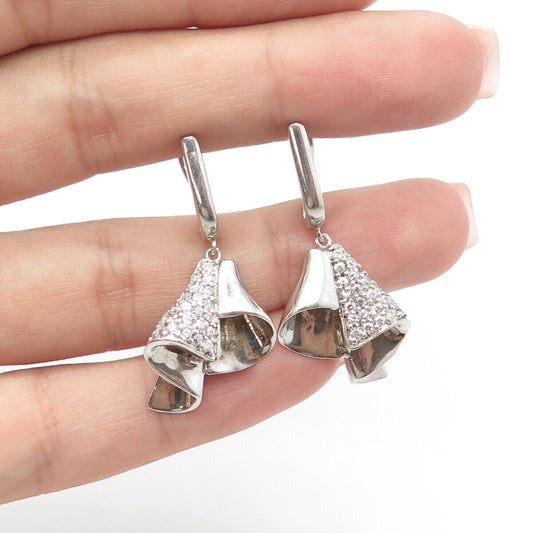 925 Sterling Silver Pave C Z Bell Dangling Earrings