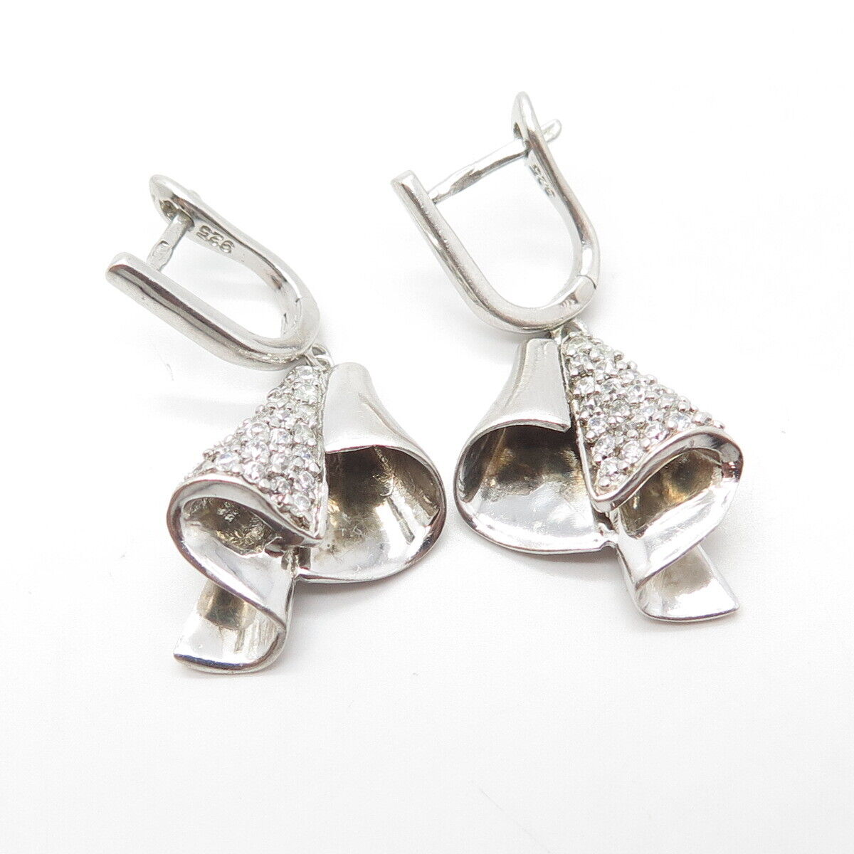 925 Sterling Silver Pave C Z Bell Dangling Earrings