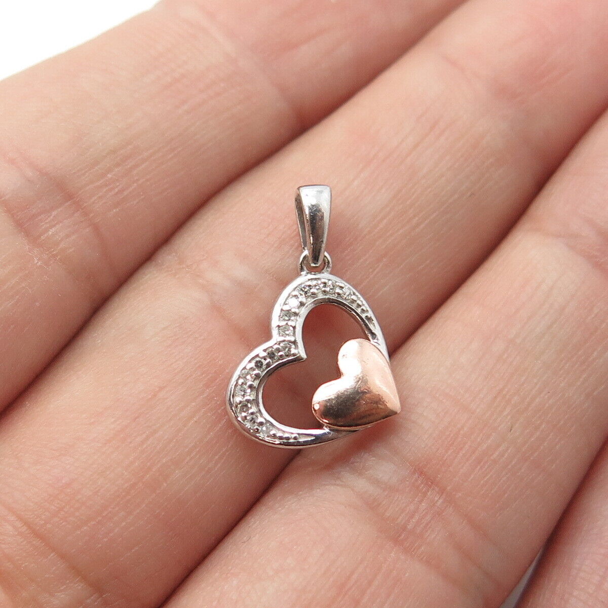 10K Gold & 925 Sterling Silver Real White Diamond Heart Charm Pendant