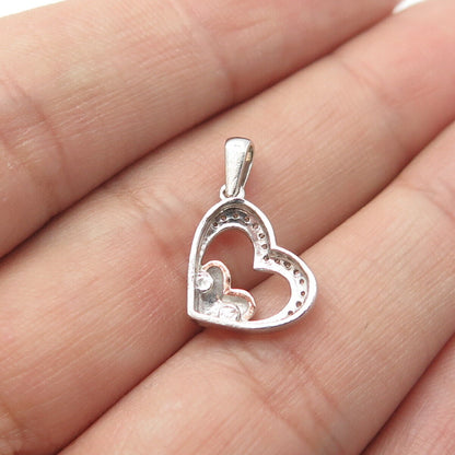 10K Gold & 925 Sterling Silver Real White Diamond Heart Charm Pendant