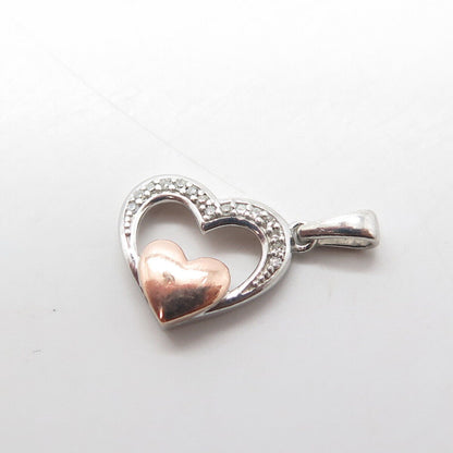 10K Gold & 925 Sterling Silver Real White Diamond Heart Charm Pendant