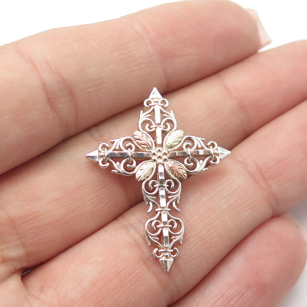 COLEMAN CO. 12K Gold & 925 Sterling Silver Floral Ornate Cross Pendant