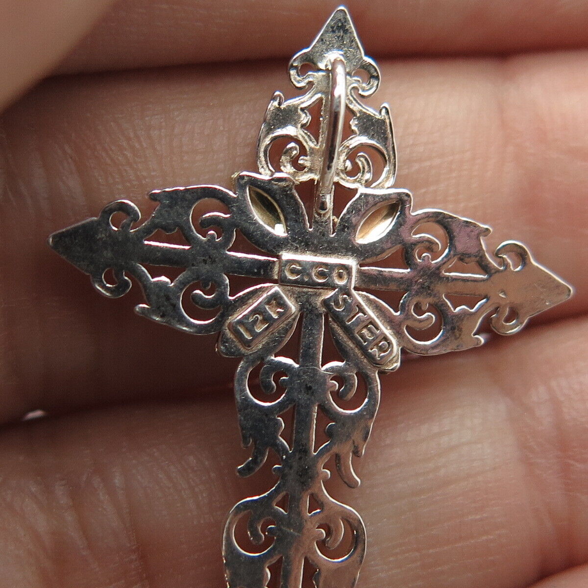 COLEMAN CO. 12K Gold & 925 Sterling Silver Floral Ornate Cross Pendant