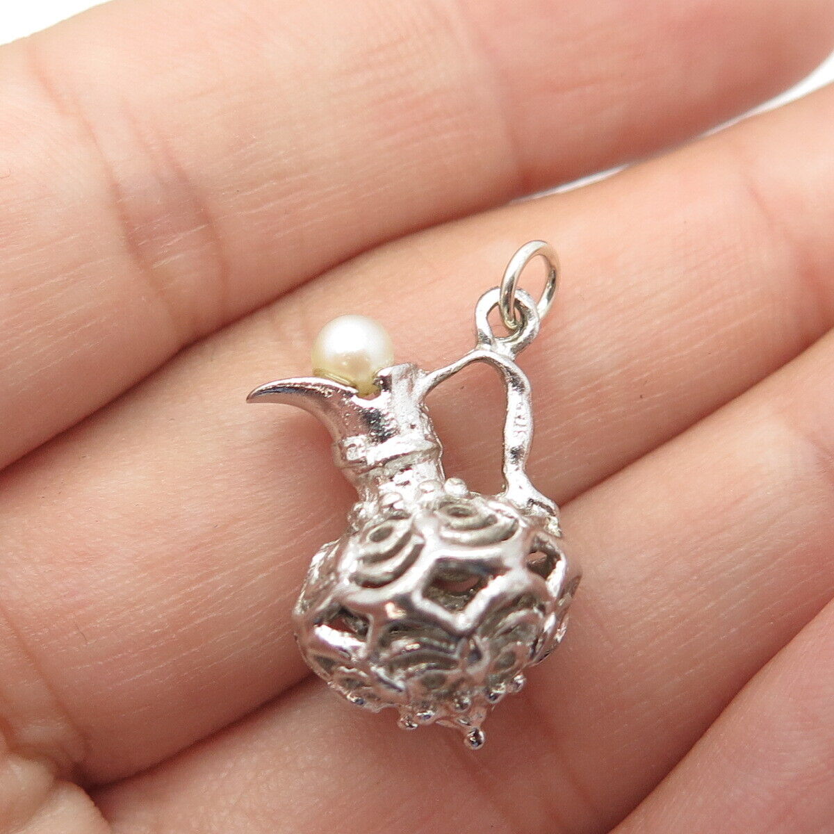 925 Sterling Silver Antique Art Deco Real Pearl Swirl Jug Charm Pendant