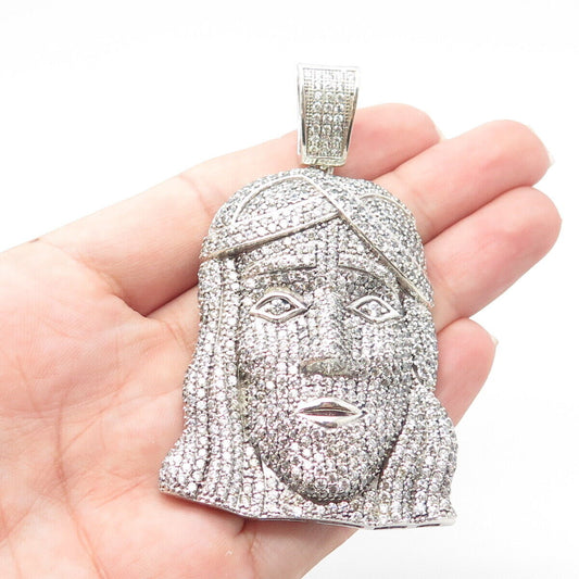 925 Sterling Silver White C Z Jesus Face Religious Pendant