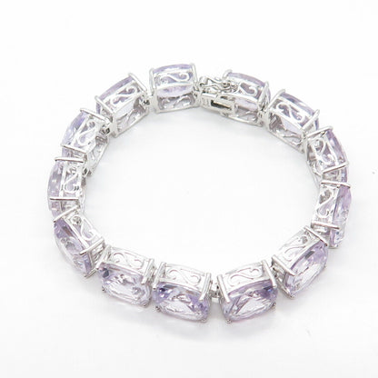 925 Sterling Silver Real Amethyst Gem Tennis Link Bracelet 6.25"