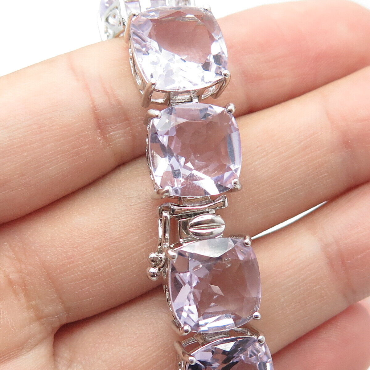 925 Sterling Silver Real Amethyst Gem Tennis Link Bracelet 6.25"