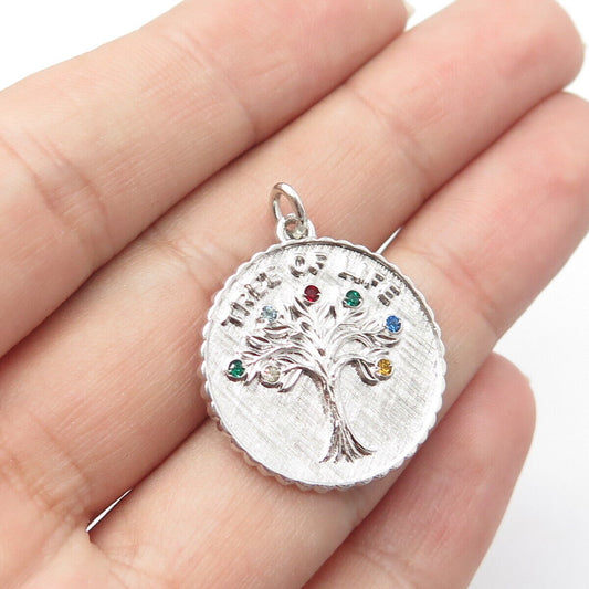 925 Sterling Silver Vintage Multi-Color Rhinestone Tree of Life Charm Pendant