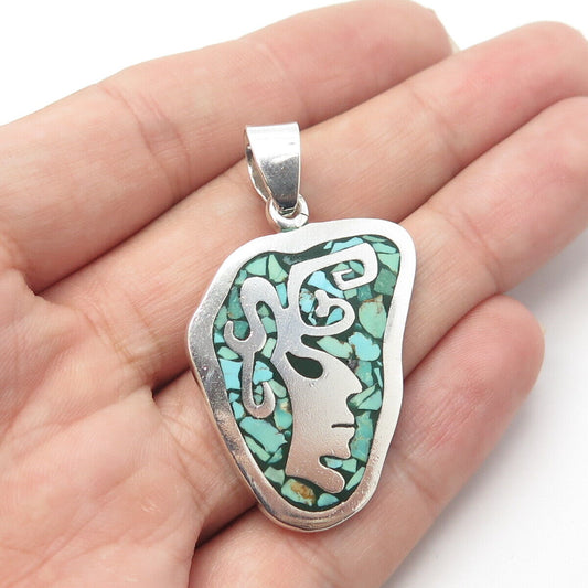 FORTINA MOTA Sterling Silver Vintage Mexico Taxco Real Turquoise Inlay Pendant