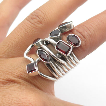 925 Sterling Silver Vintage Red Garnet Leaf Compressed Spring Ring Size 6.75