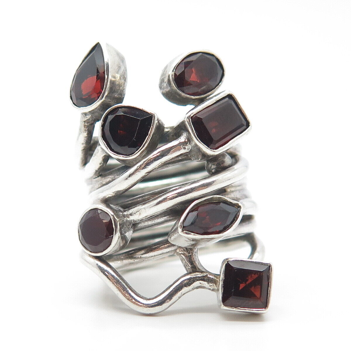 925 Sterling Silver Vintage Red Garnet Leaf Compressed Spring Ring Size 6.75