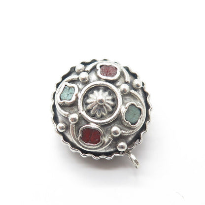 925 Sterling Silver Antique Art Deco Real Coral &Turquoise Gemstone Pendant