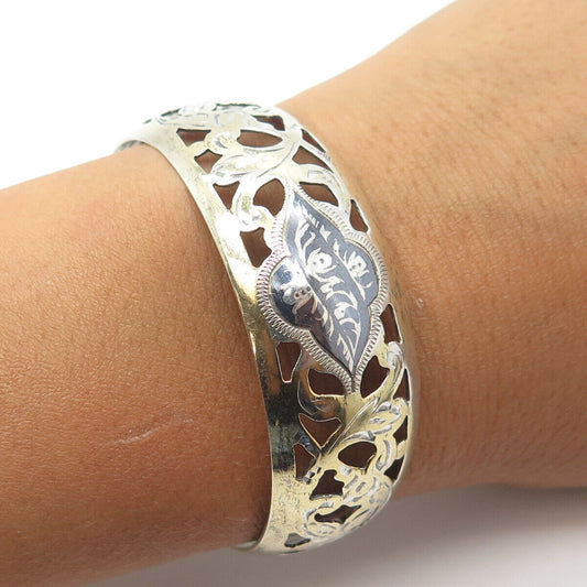 875 Silver 2-Tone Eastern Europe Vintage Floral Bangle Bracelet 6.5"