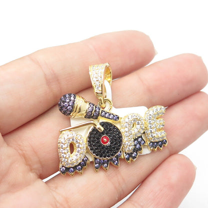 925 Sterling Silver Gold Plated Black Onyx C Z & Enamel "Dope" Musical Pendant