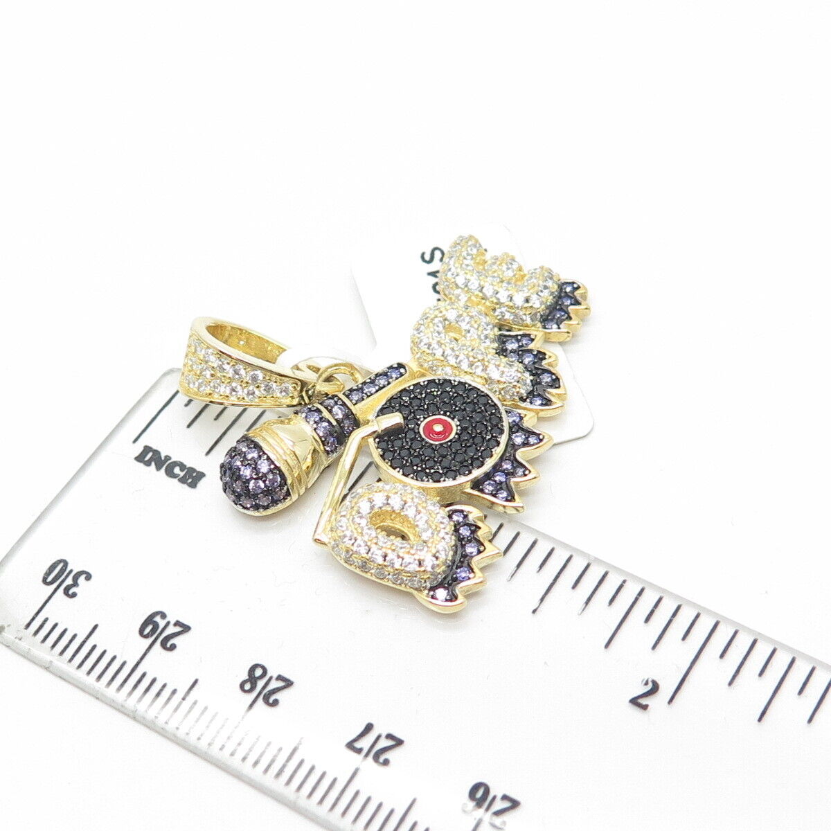 925 Sterling Silver Gold Plated Black Onyx C Z & Enamel "Dope" Musical Pendant