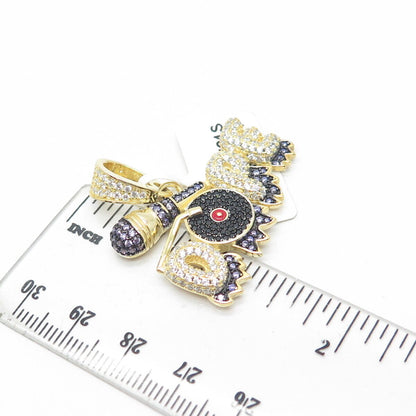 925 Sterling Silver Gold Plated Black Onyx C Z & Enamel "Dope" Musical Pendant
