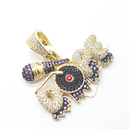 925 Sterling Silver Gold Plated Black Onyx C Z & Enamel "Dope" Musical Pendant