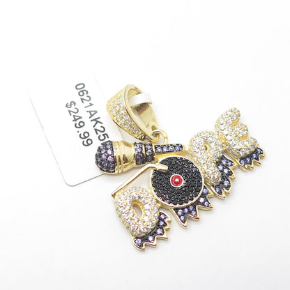 925 Sterling Silver Gold Plated Black Onyx C Z & Enamel "Dope" Musical Pendant