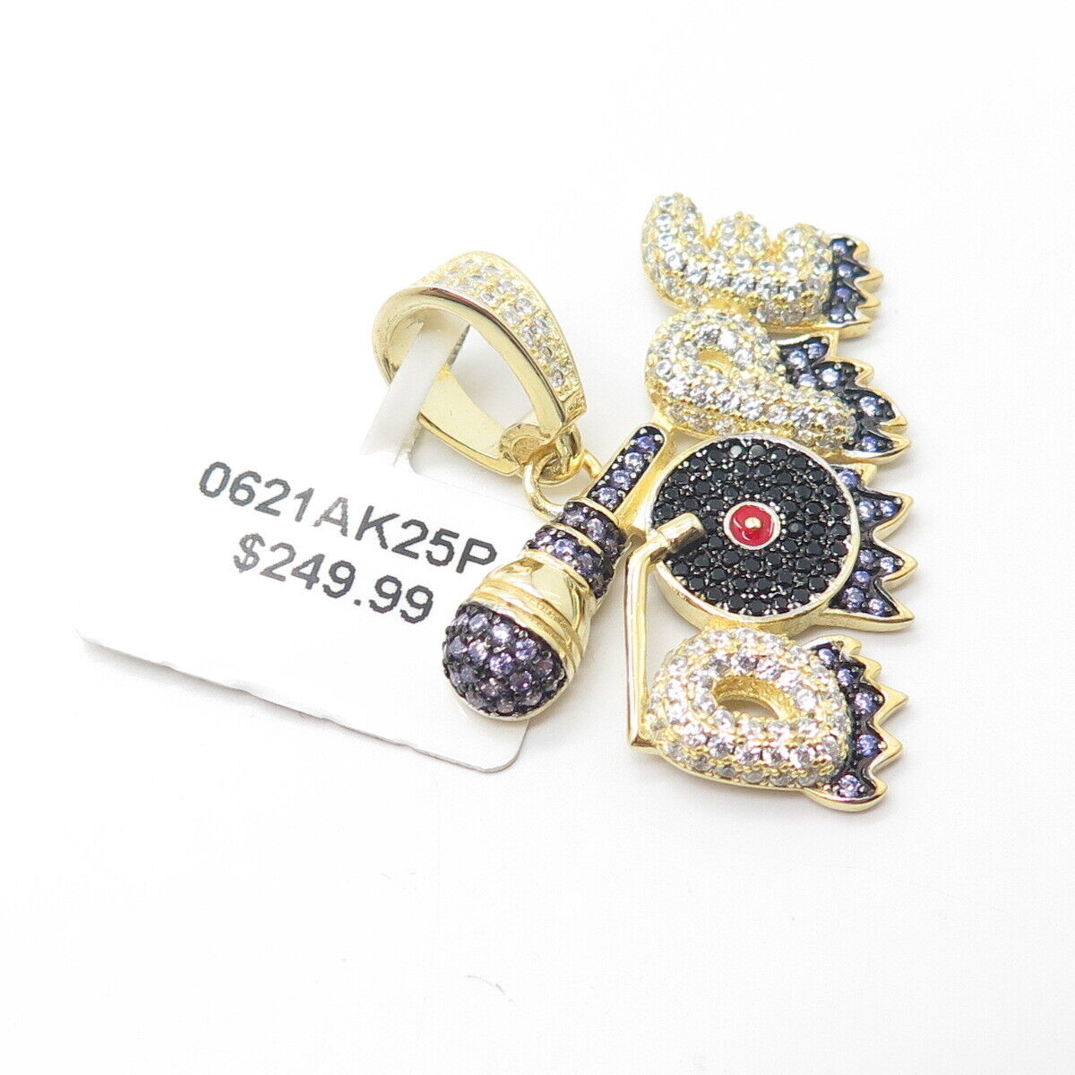 925 Sterling Silver Gold Plated Black Onyx C Z & Enamel "Dope" Musical Pendant