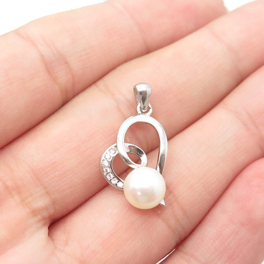 925 Sterling Silver Real Pearl & C Z Twisted Heart Pendant