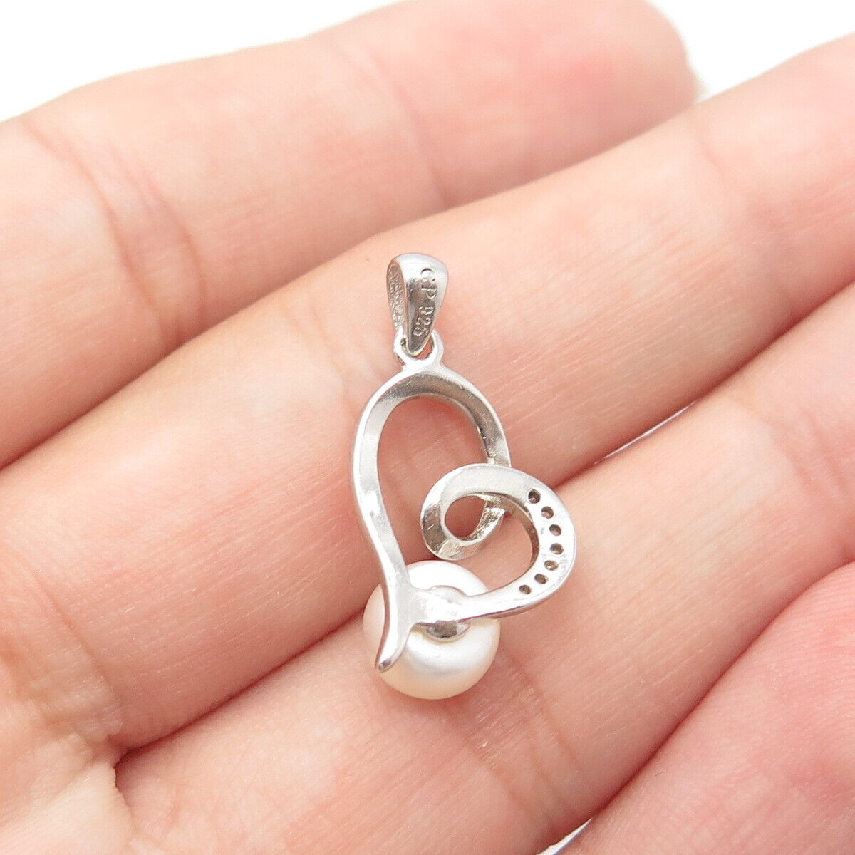 925 Sterling Silver Real Pearl & C Z Twisted Heart Pendant