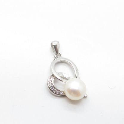 925 Sterling Silver Real Pearl & C Z Twisted Heart Pendant