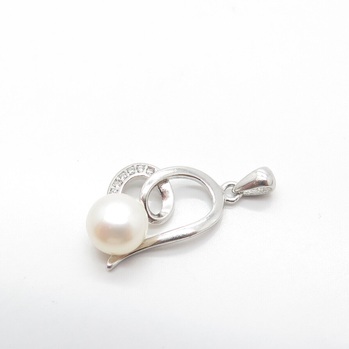 925 Sterling Silver Real Pearl & C Z Twisted Heart Pendant