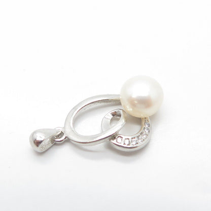 925 Sterling Silver Real Pearl & C Z Twisted Heart Pendant