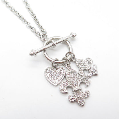 925 Sterling Silver White C Z Fleur de Lis & Heart Cable Chain Necklace 16"