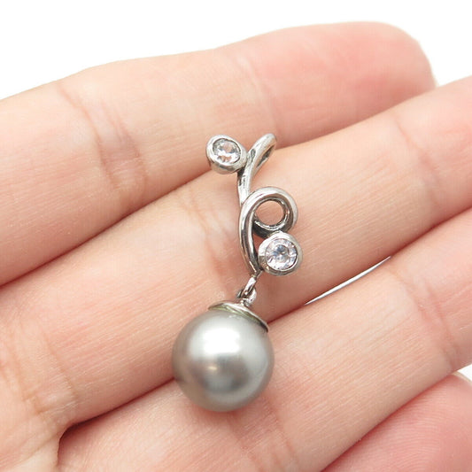 925 Sterling Silver Vintage Faux Pearl & C Z Swirl Pendant