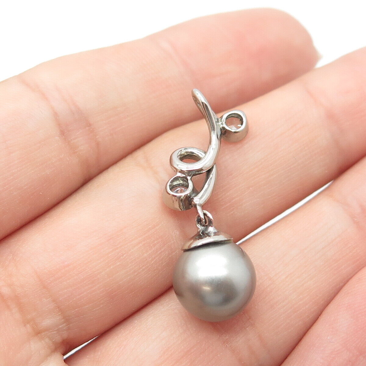 925 Sterling Silver Vintage Faux Pearl & C Z Swirl Pendant