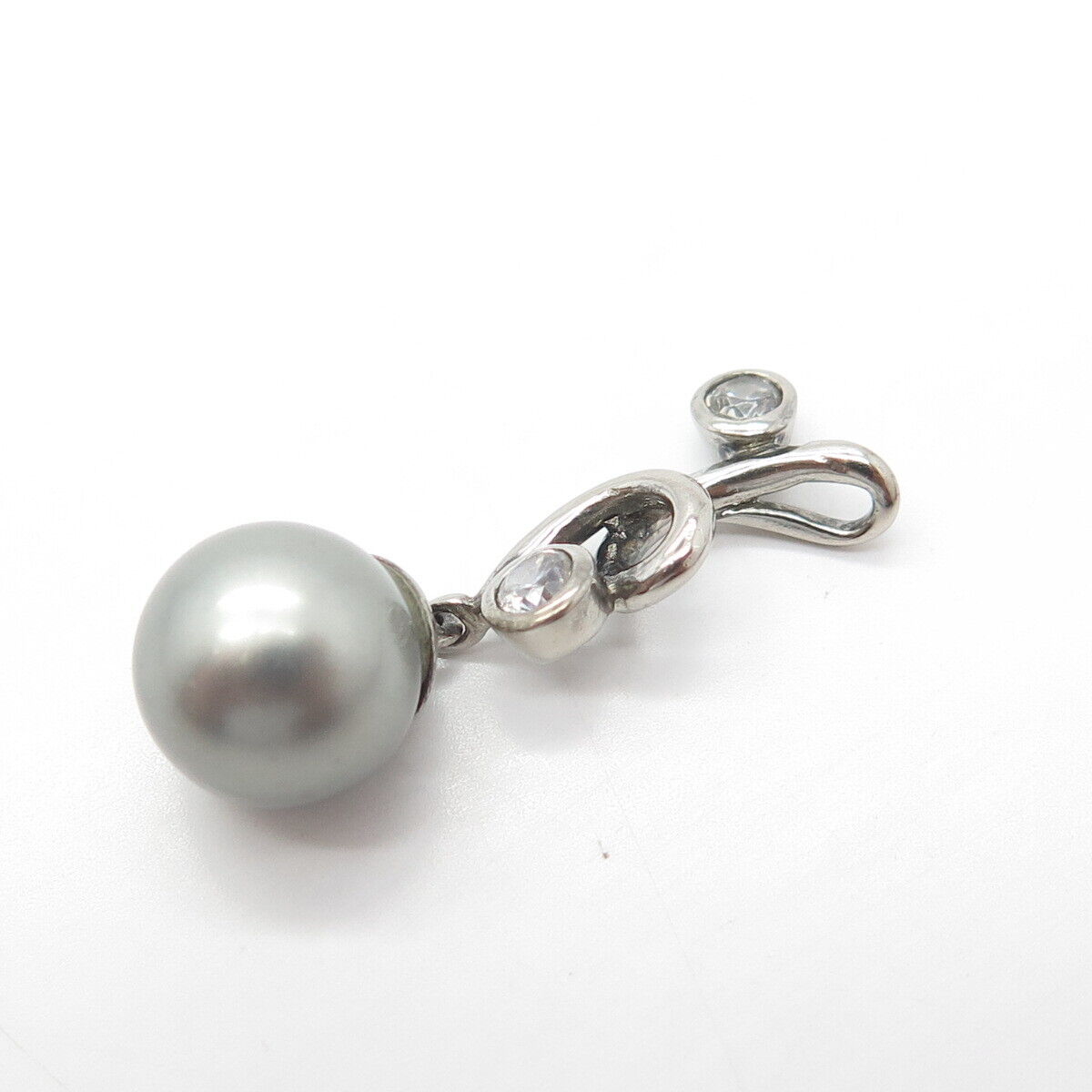 925 Sterling Silver Vintage Faux Pearl & C Z Swirl Pendant