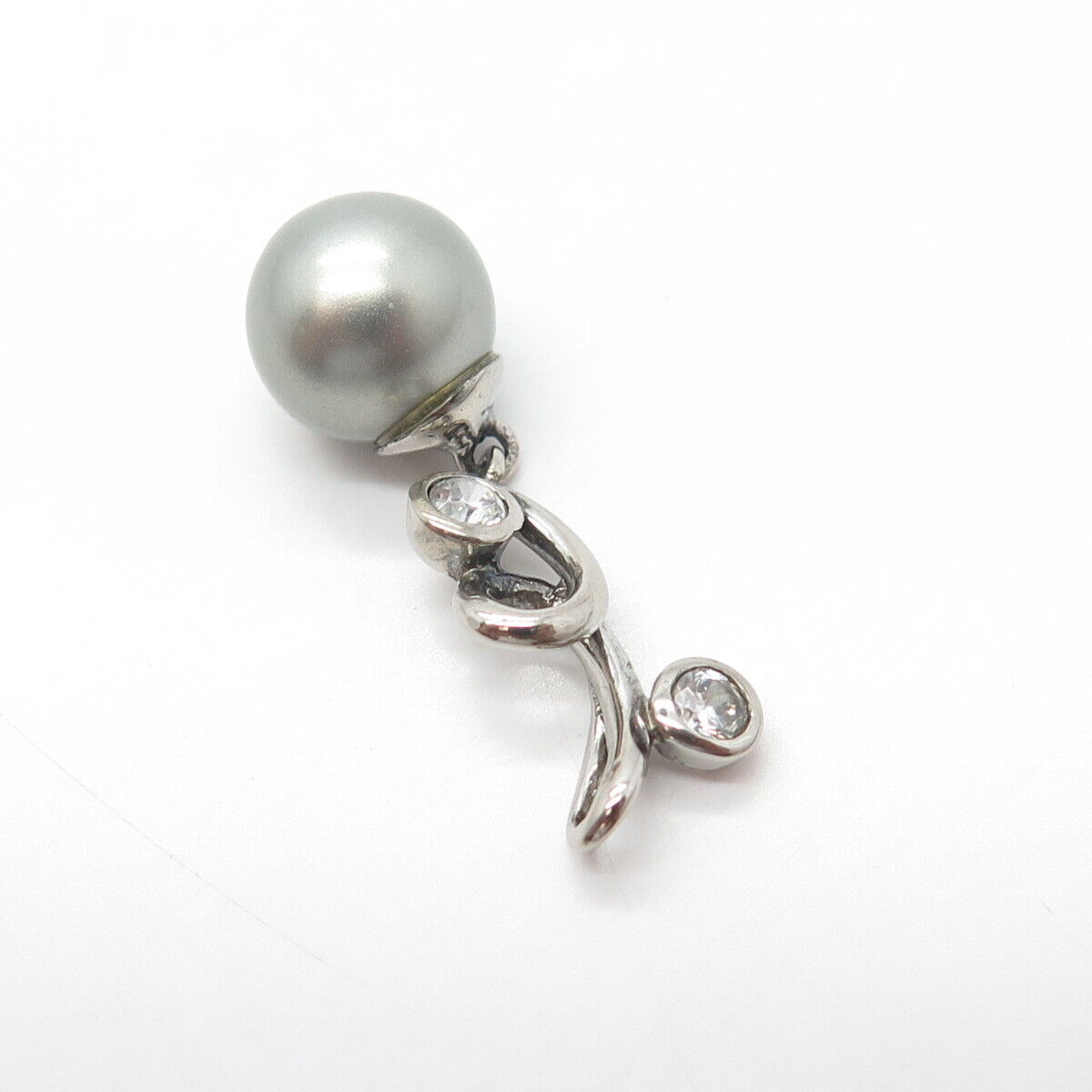 925 Sterling Silver Vintage Faux Pearl & C Z Swirl Pendant