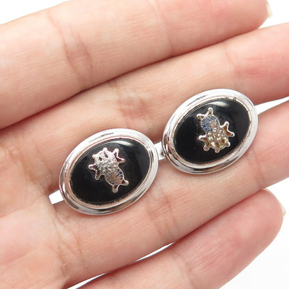 LAMODE 925 Sterling Silver Vintage Real Black Onyx Cartoon Hero Oval Cufflinks