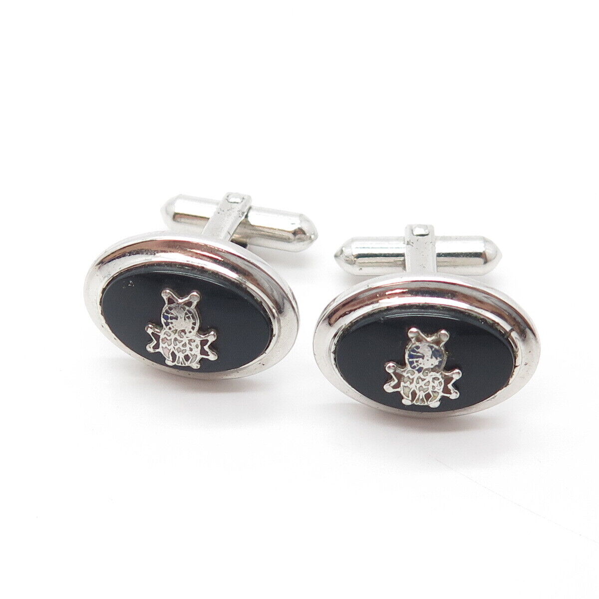 LAMODE 925 Sterling Silver Vintage Real Black Onyx Cartoon Hero Oval Cufflinks