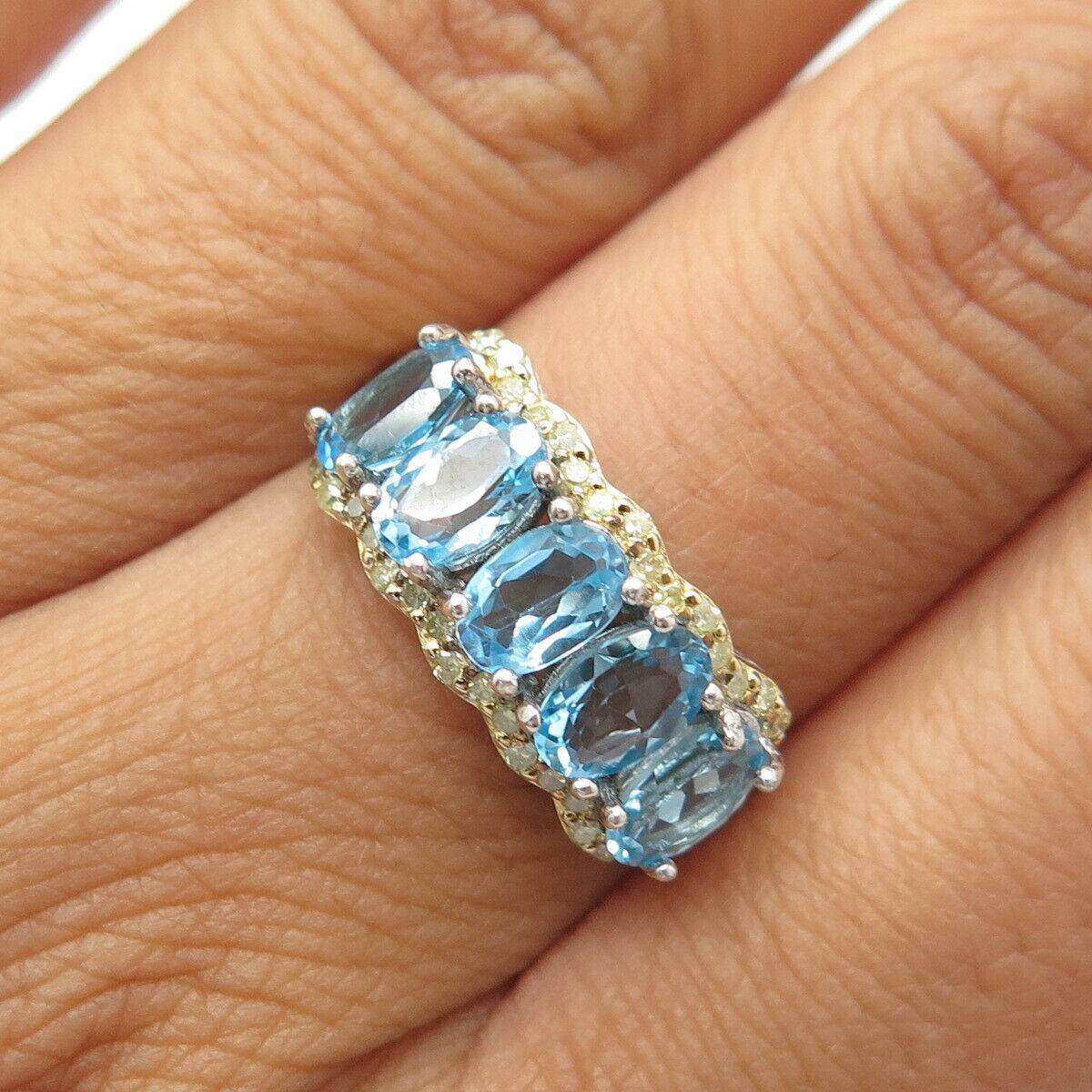 925 Sterling Silver 2-Tone Diamond Blue Topaz Cluster Half Eternity Ring Size 7