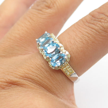 925 Sterling Silver 2-Tone Diamond Blue Topaz Cluster Half Eternity Ring Size 7