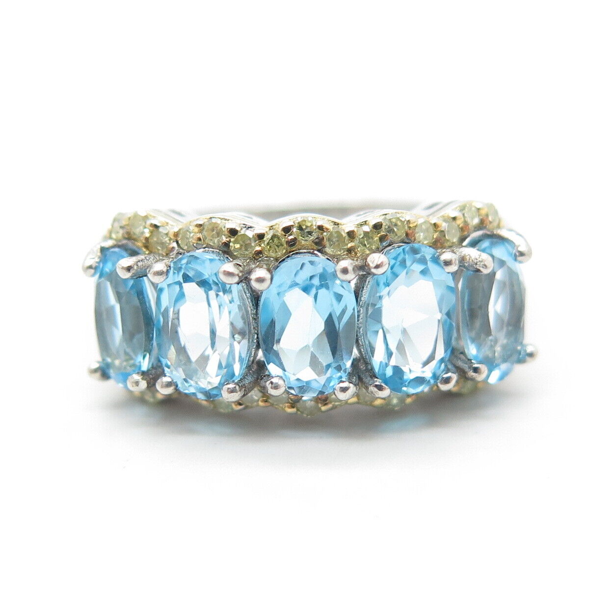 925 Sterling Silver 2-Tone Diamond Blue Topaz Cluster Half Eternity Ring Size 7