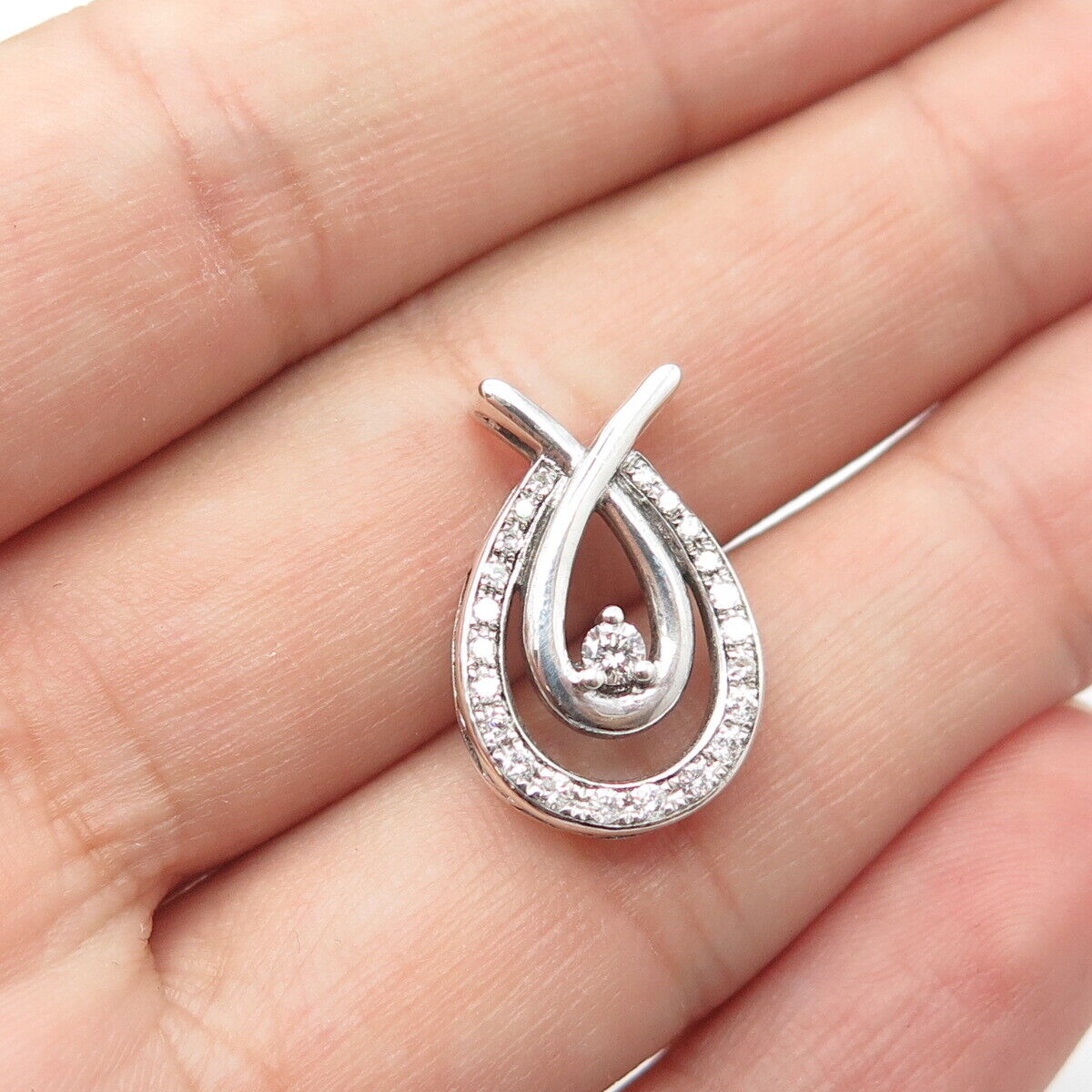 925 Sterling Silver Real White Diamond Teardrop Slide Pendant