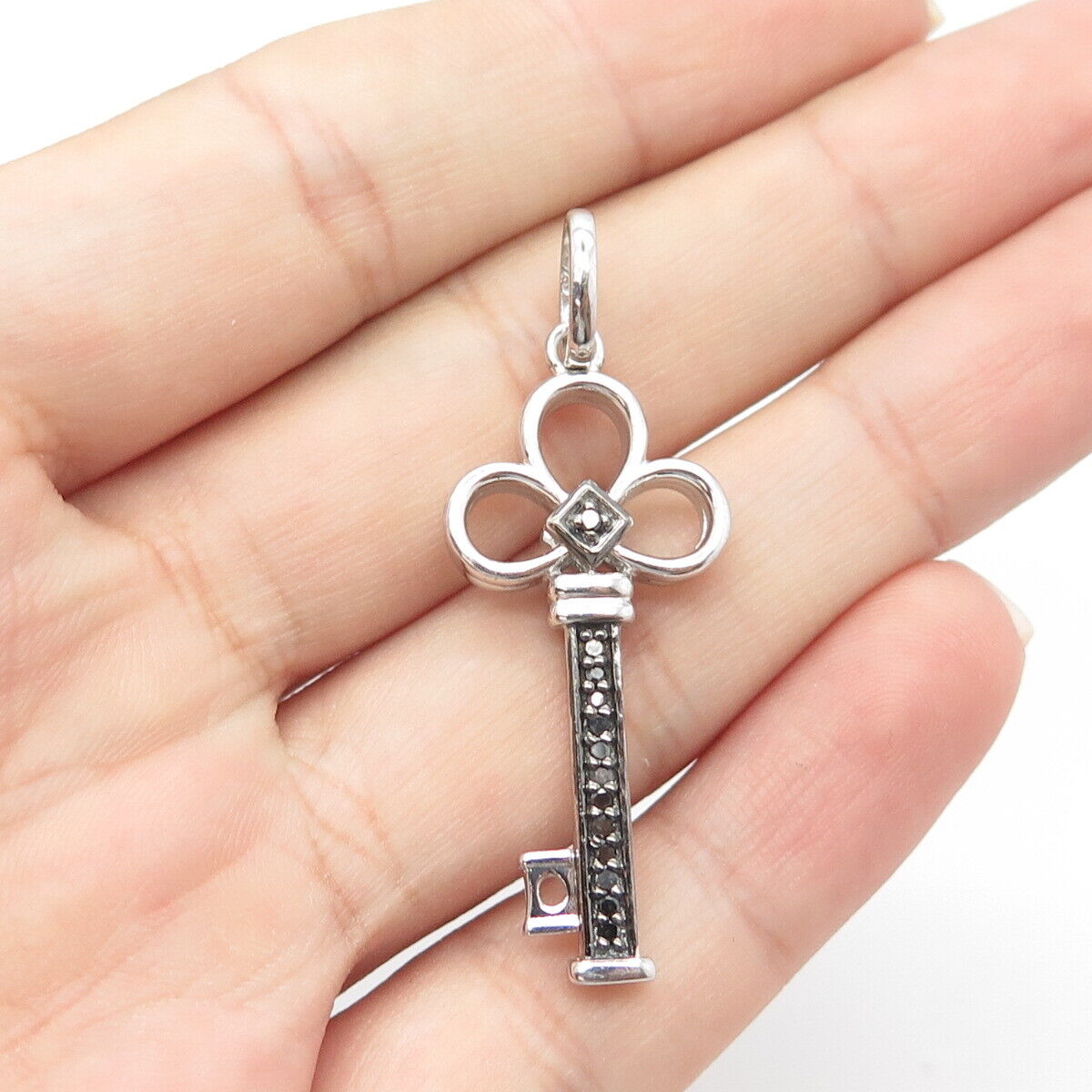 925 Sterling Silver Real Black & White Diamond Double Sided Clover Key Pendant