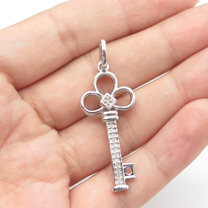 925 Sterling Silver Real Black & White Diamond Double Sided Clover Key Pendant