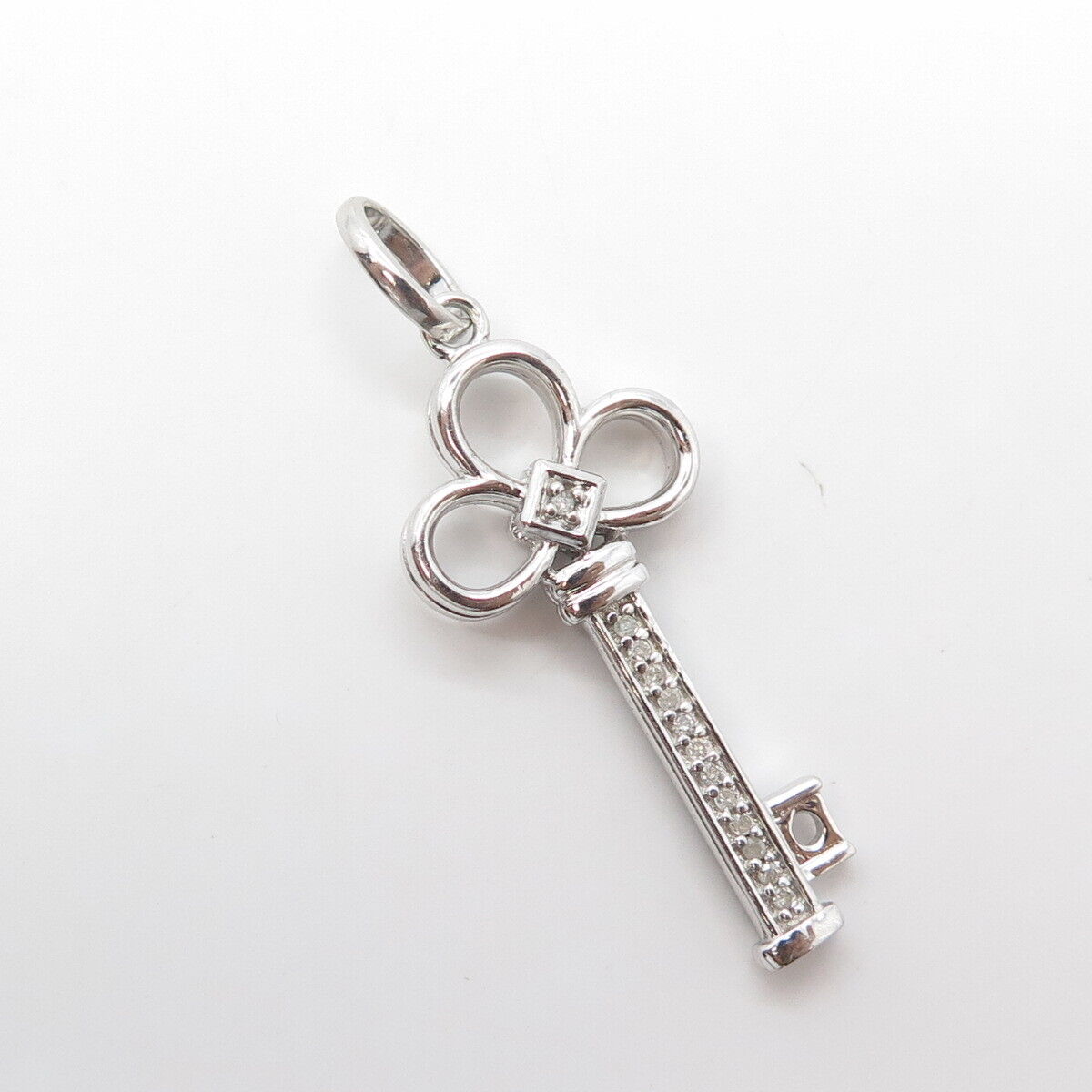 925 Sterling Silver Real Black & White Diamond Double Sided Clover Key Pendant