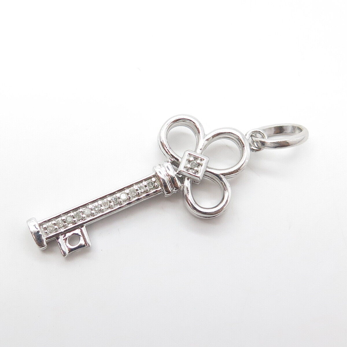 925 Sterling Silver Real Black & White Diamond Double Sided Clover Key Pendant