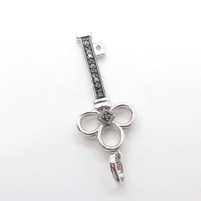 925 Sterling Silver Real Black & White Diamond Double Sided Clover Key Pendant