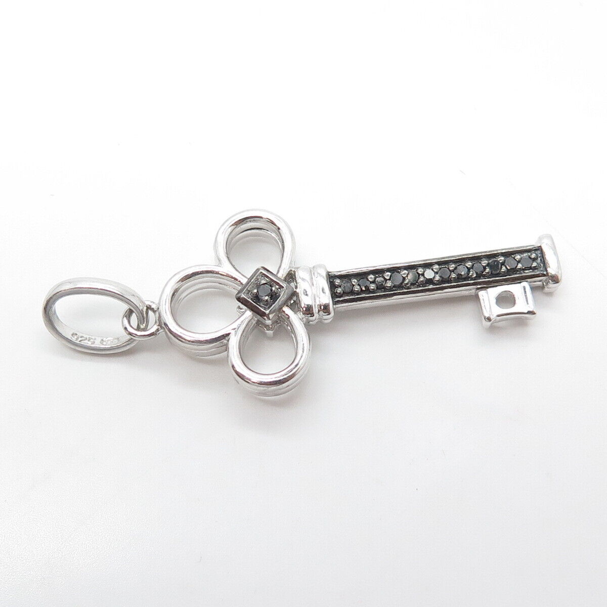 925 Sterling Silver Real Black & White Diamond Double Sided Clover Key Pendant