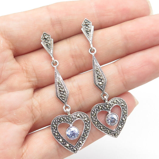 925 Sterling Silver Vintage Marcasite & Lavender C Z Heart Chandelier Earrings