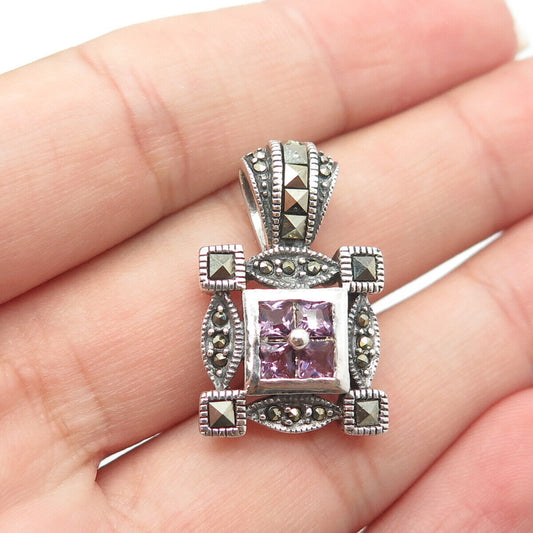 925 Sterling Silver Vintage Real Amethyst & Marcasite Gem Swirl & Scroll Pendant